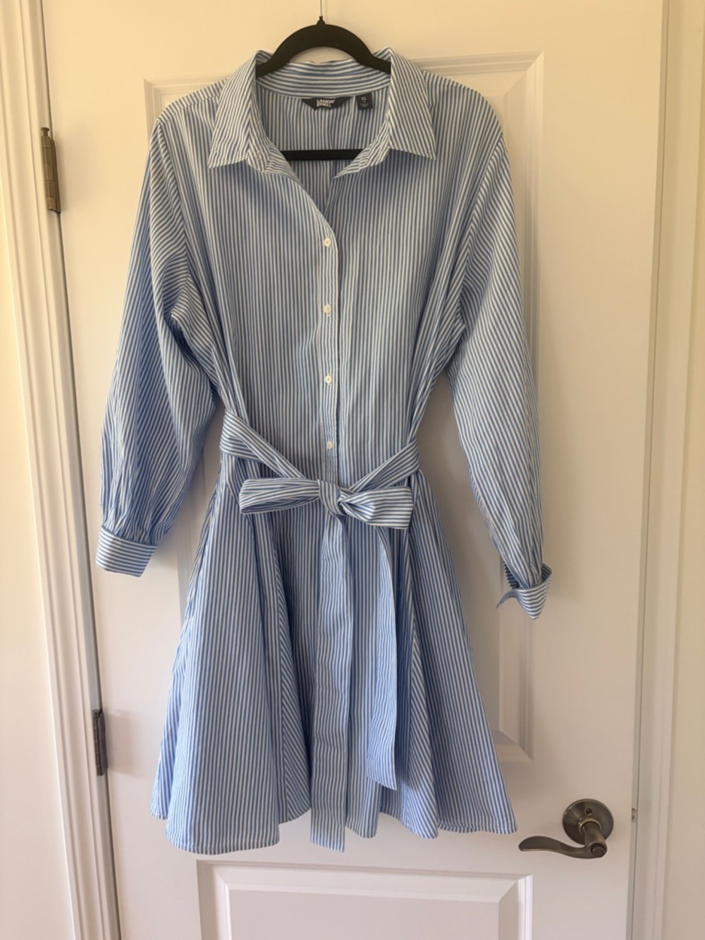 Lands' End Blue & White Striped Knee-Length Shirt Dress with Waist Tie